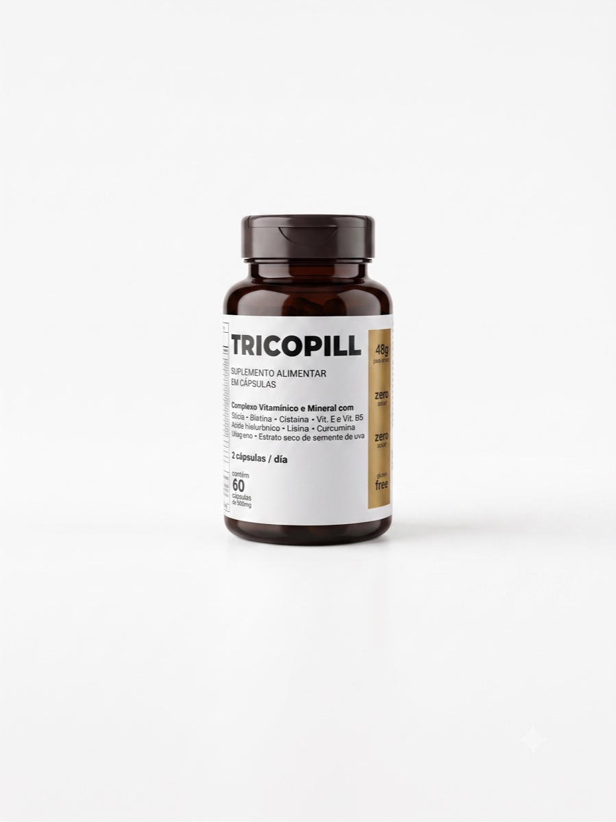 Frasco de Tricopill, suplemento capilar em cápsulas